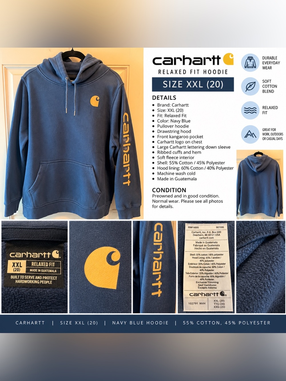 Carhartt Navy Blue Relaxed Fit Logo Hoodie XXL 20 Gold Sleeve Graphic